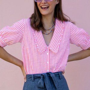 NWT Brora Peony Pink Cotton Gingham Chelsea Collar Blouse